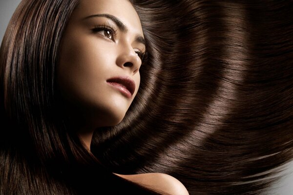 Shiny and silky hair of a gorgeous brown-haired woman in the photo