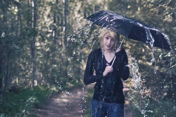 A girl under an umbrella on a rainy day