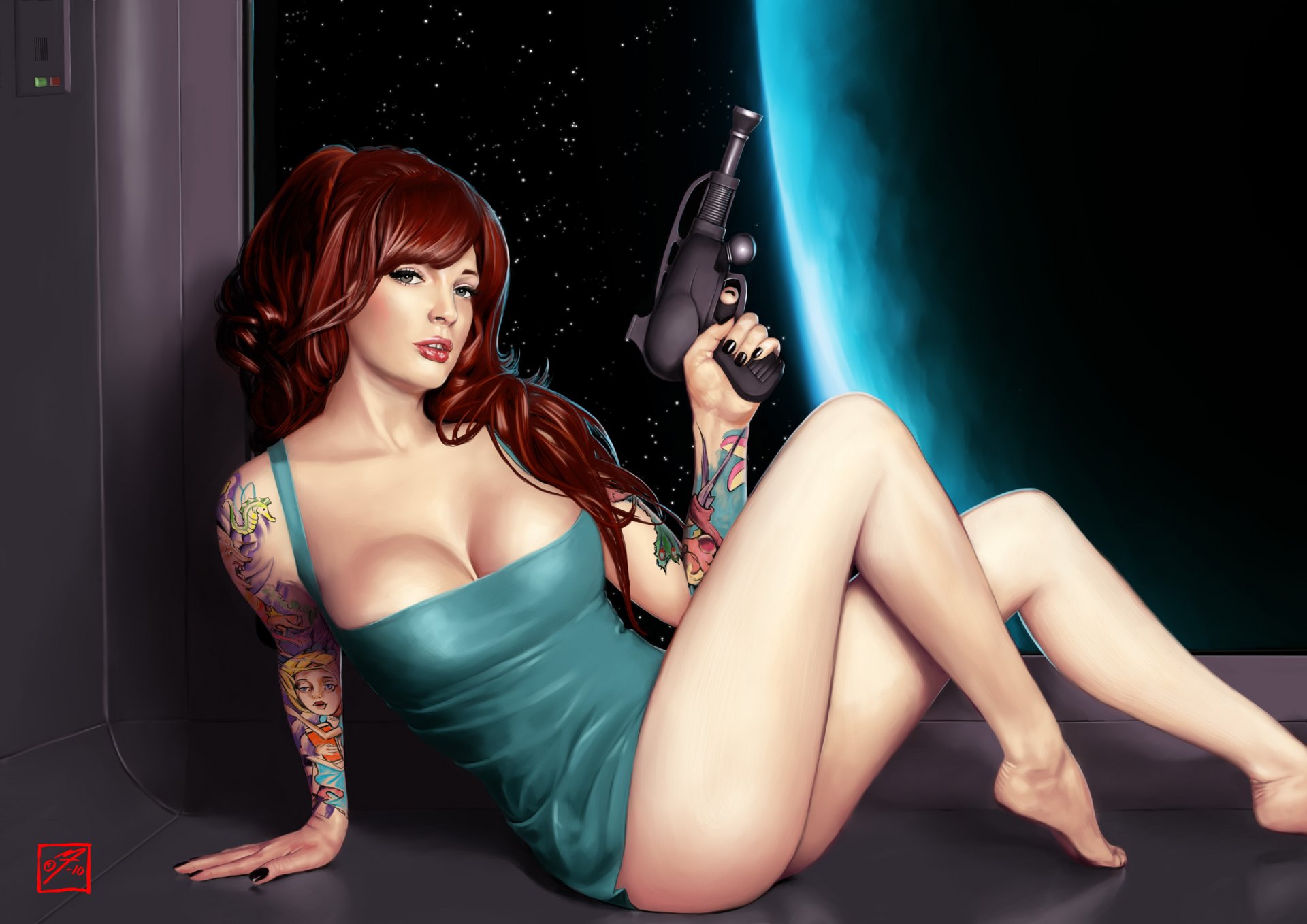 babe in space girl space weapon blaster art tattoo close dre