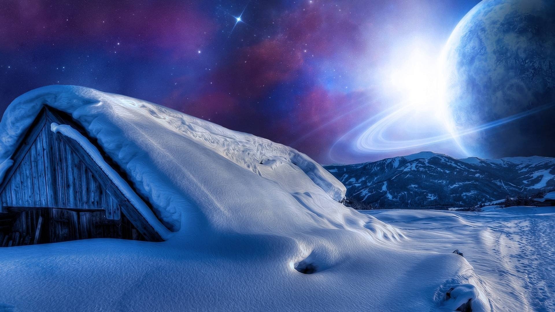 casa planeta cielo montañas estrella nieve noche