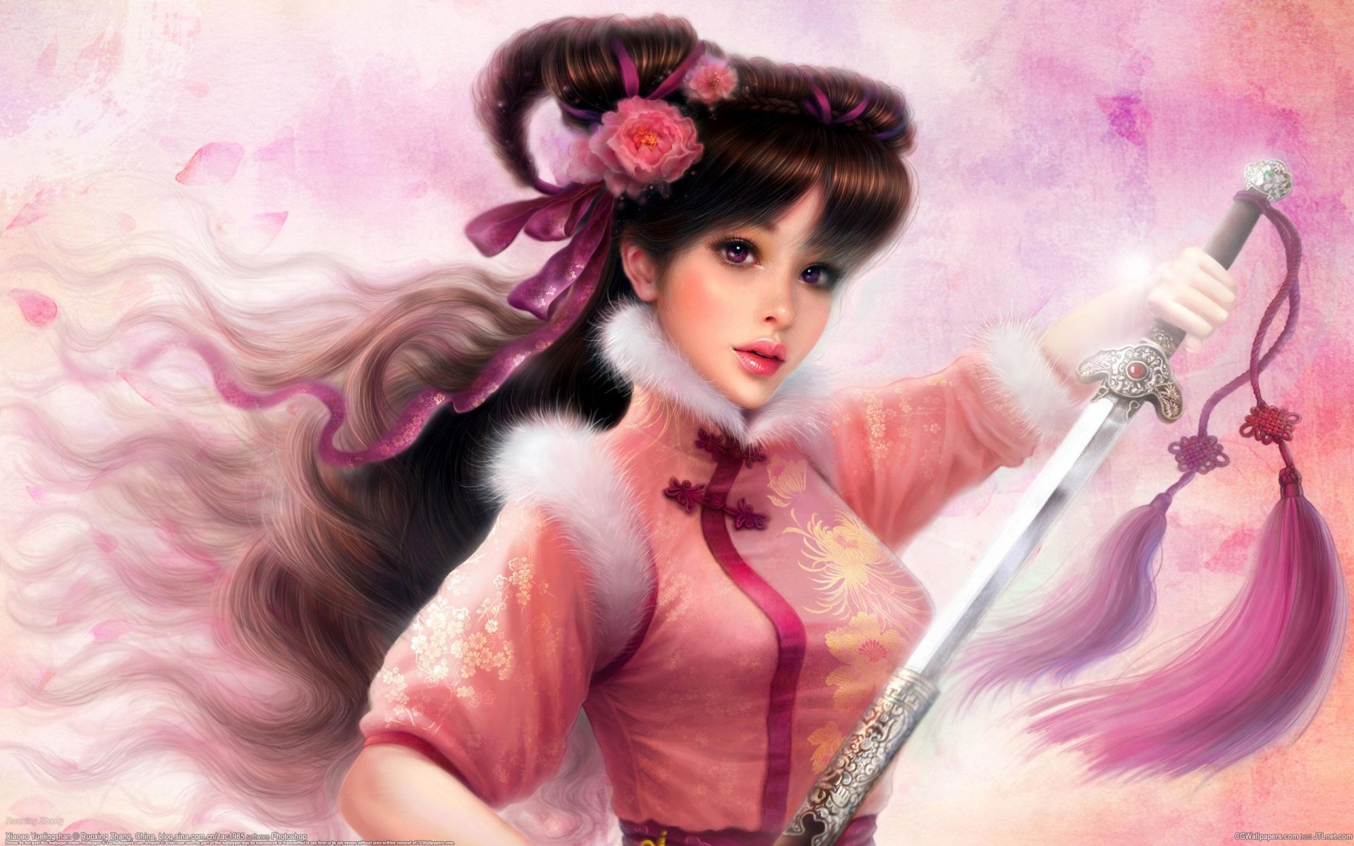 art ruoxing zhang girl sword brush flower fur