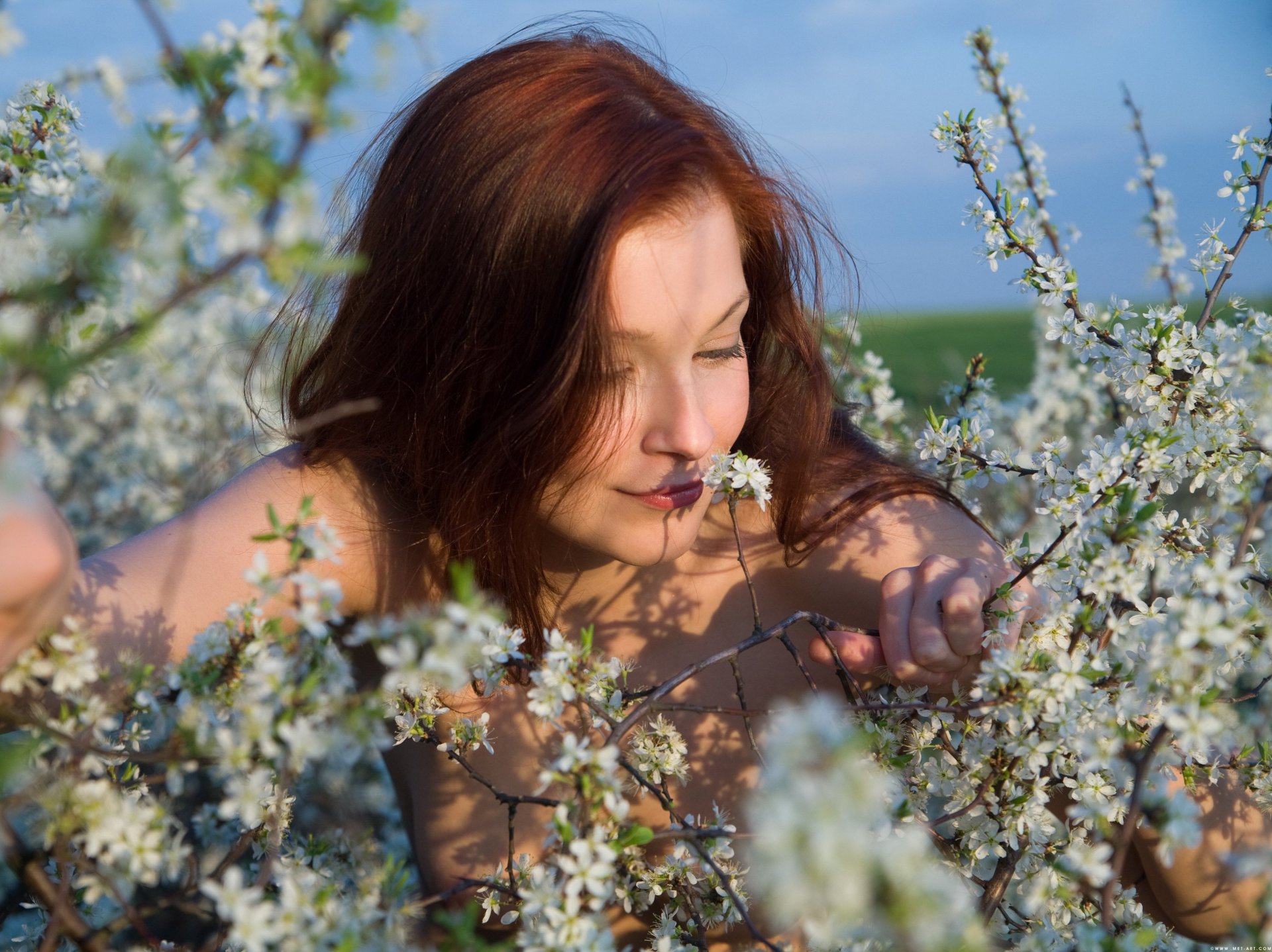 fille fleurs branches cheveux