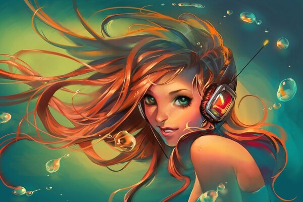 Arthouse girl with headphones, bright background