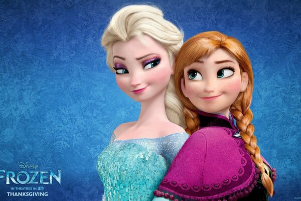 Elsa y Anna de un corazón frío sobre un fondo azul