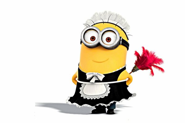 Minion en costume de femme de chambre avec brosse rouge