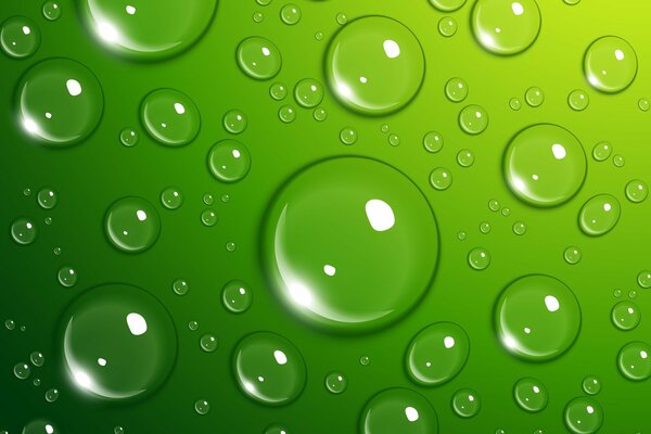 Volumetric water drops on a green background