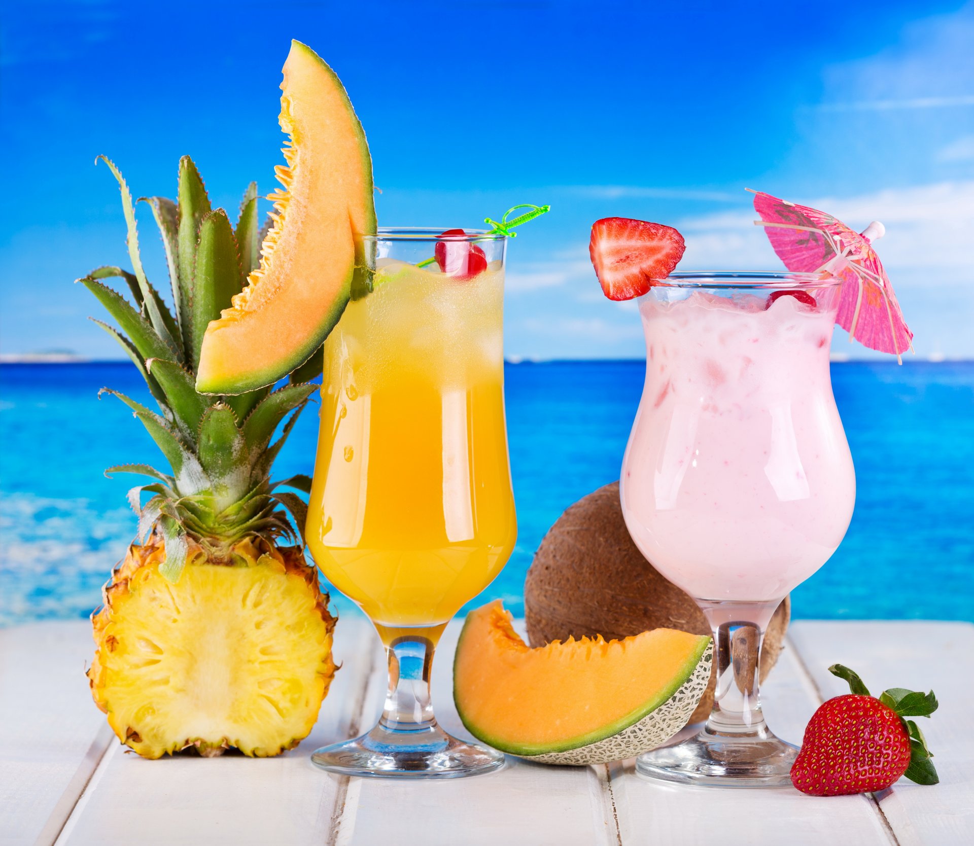 tropical cocktail drink fruits fresh sea pineapple strawberry