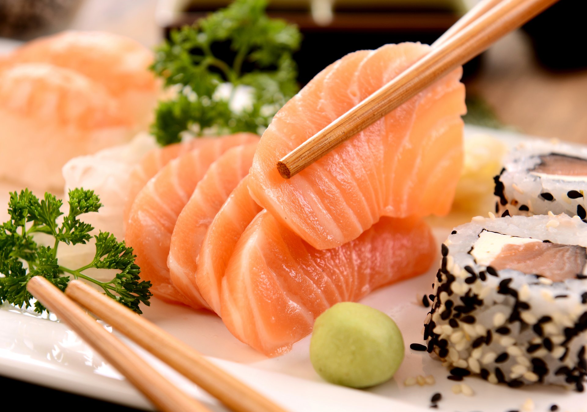 japanese cuisine fish sushi chopsticks parsley parsley