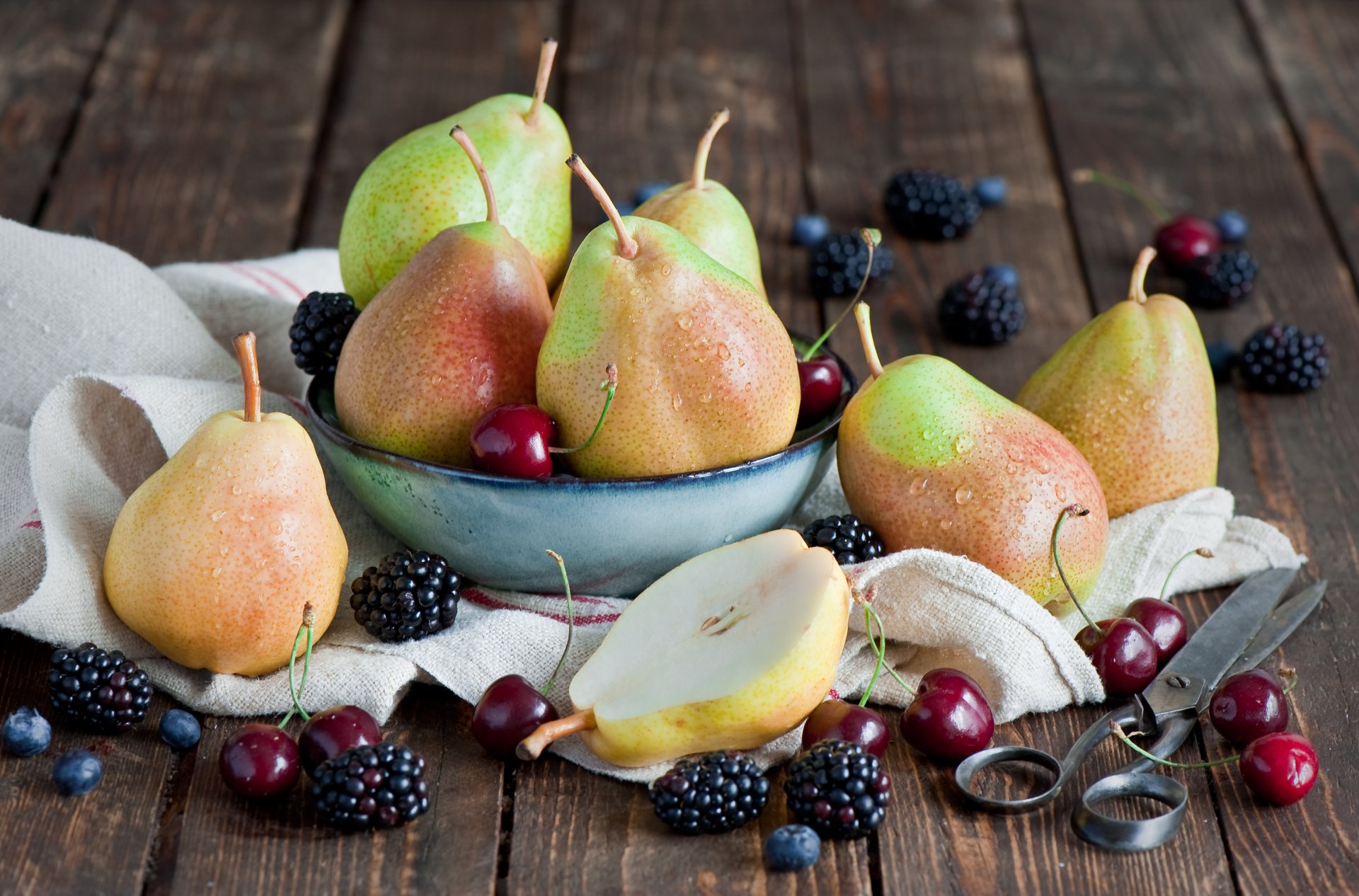 pear berries blackberry cherry scissors still life