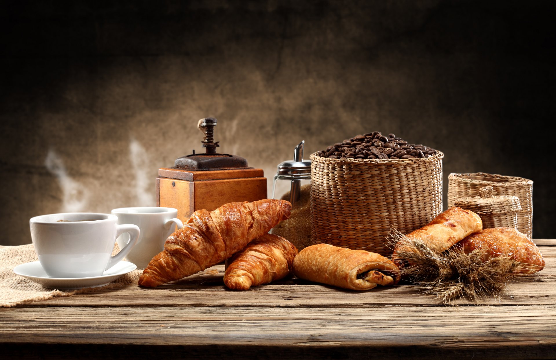 tassen untertasse kaffee dunst brot kaffeemühle zucker körbe