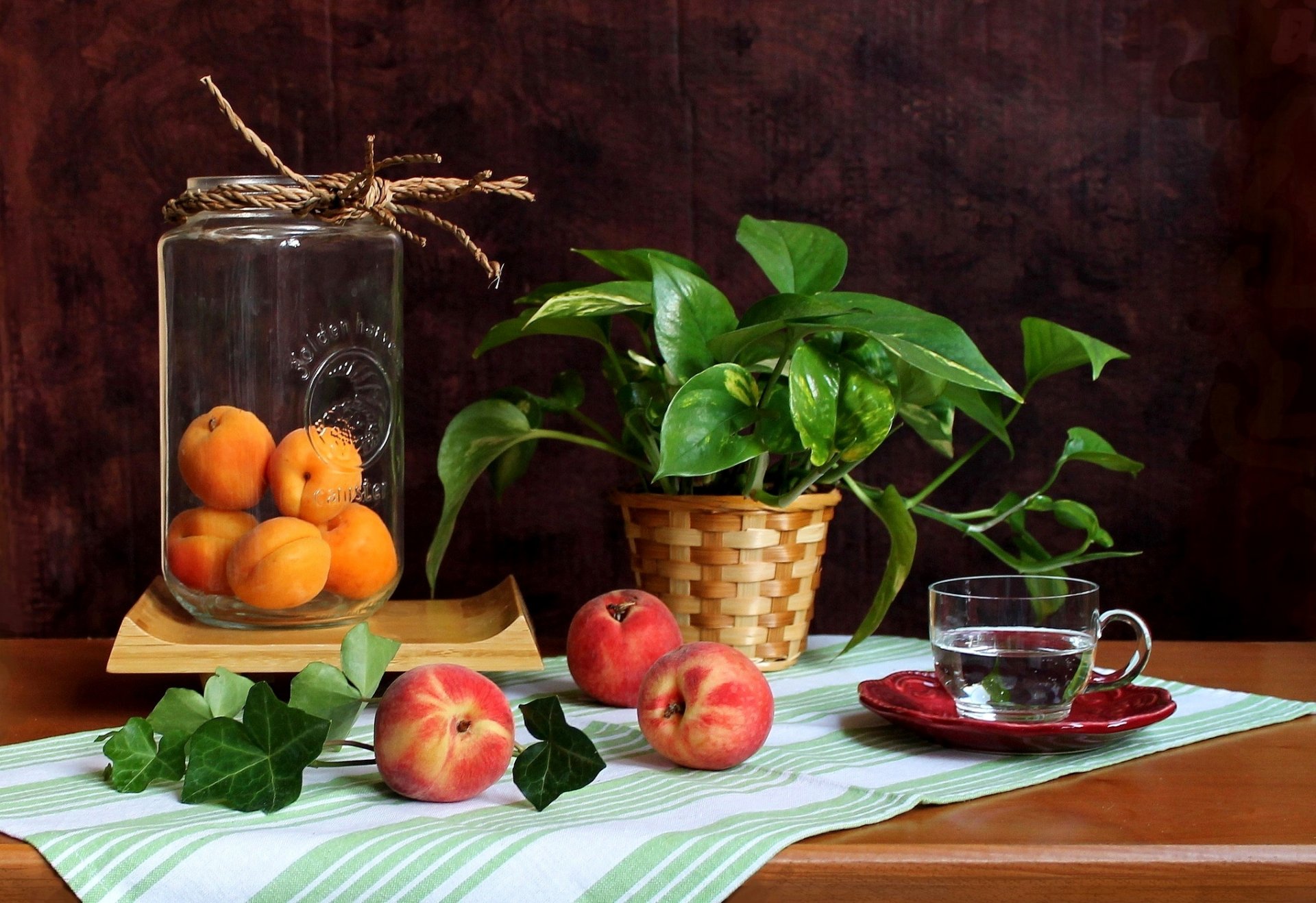 aprikosen glas pfirsiche obst tasse wasser blume stillleben