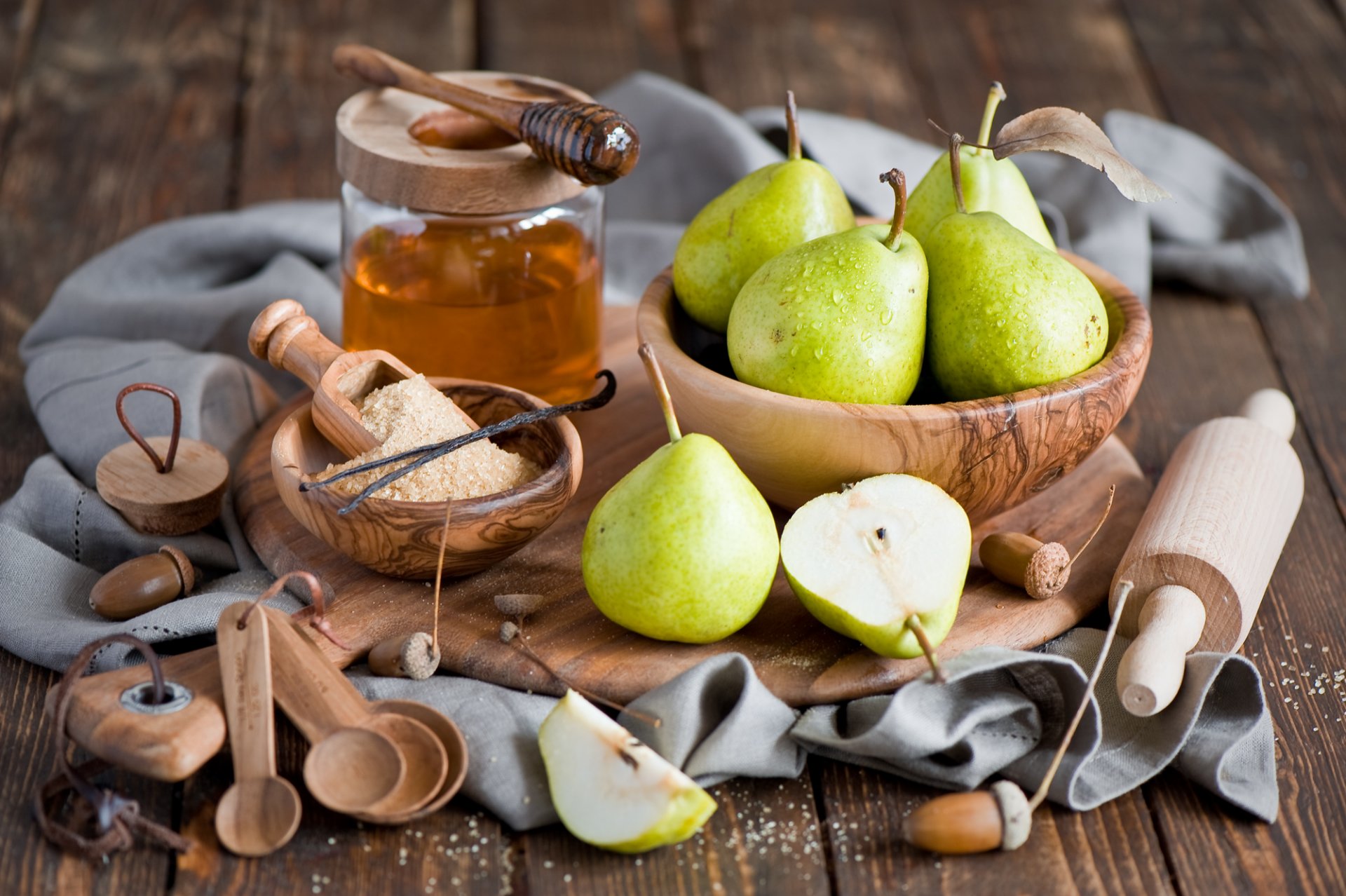 pear fruits green honey jar spoon sugar vanilla tableware still life