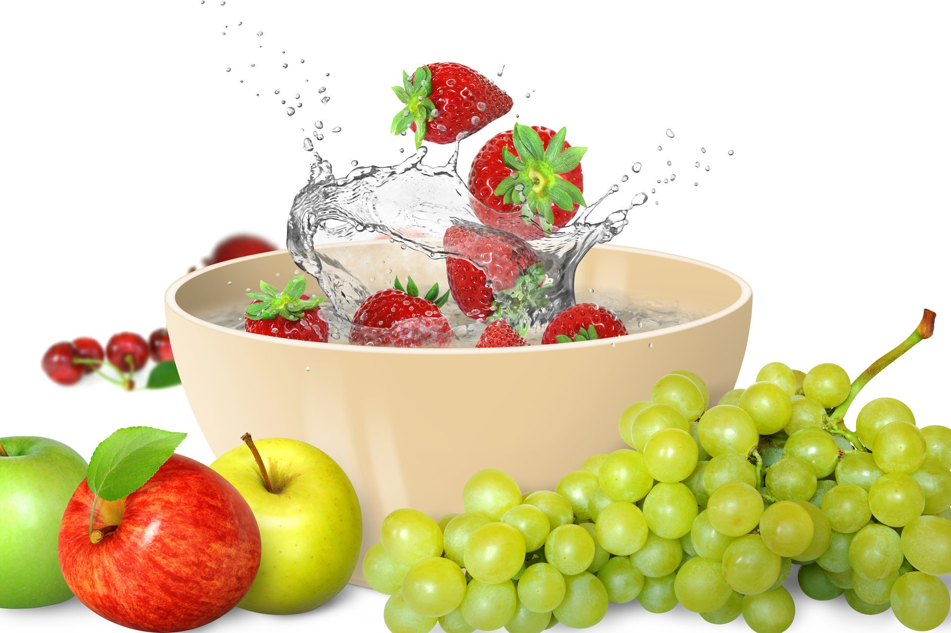 apples strawberry grape fruits splash water drops fresh spray