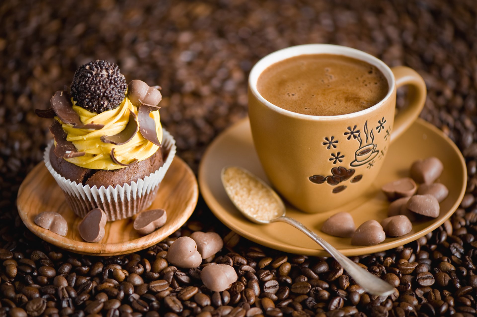 kaffee tasse löffel zucker kuchen creme cupcake schokolade herzen