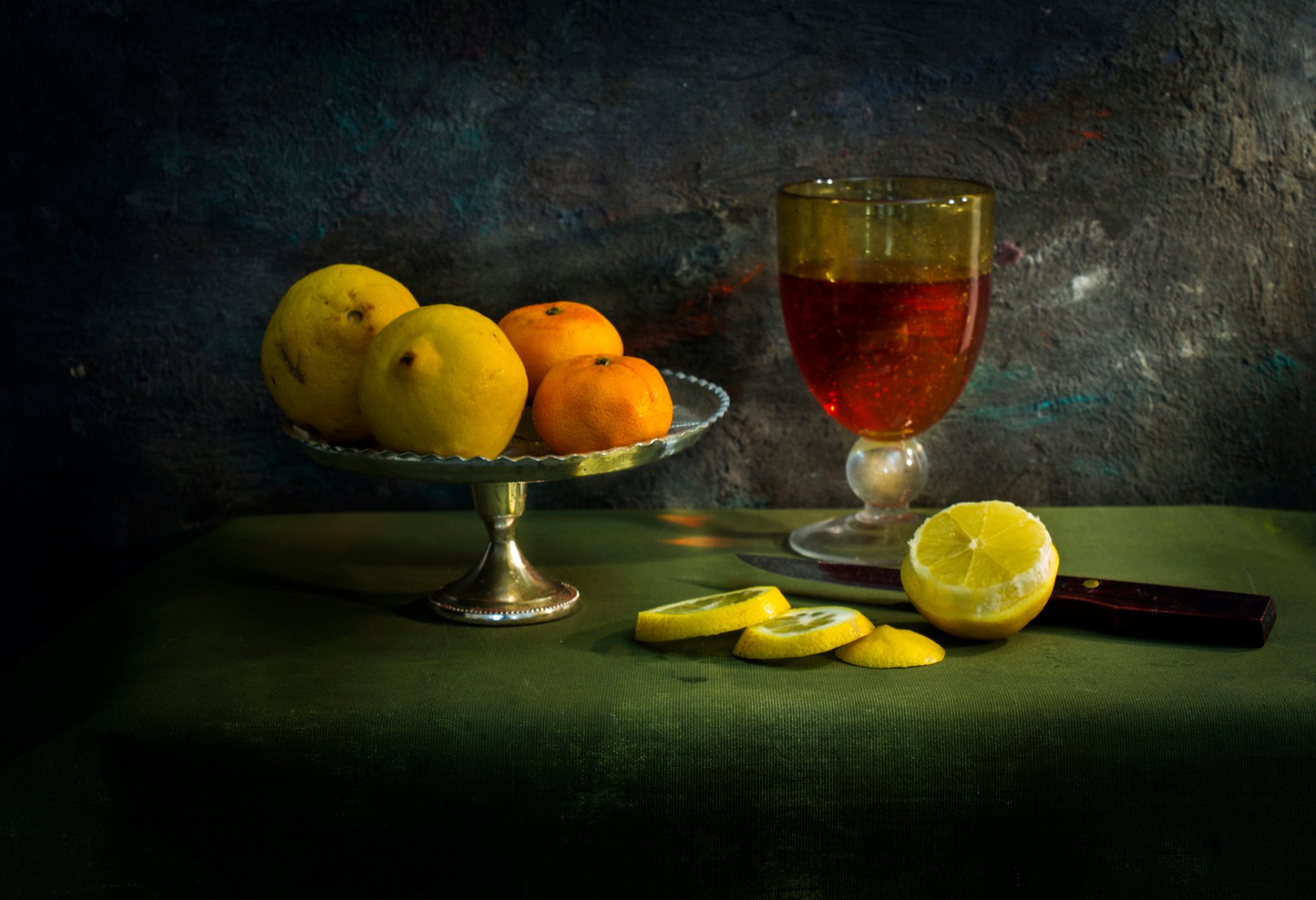 fiammingo fantasia limoni tovaglia coltello still life