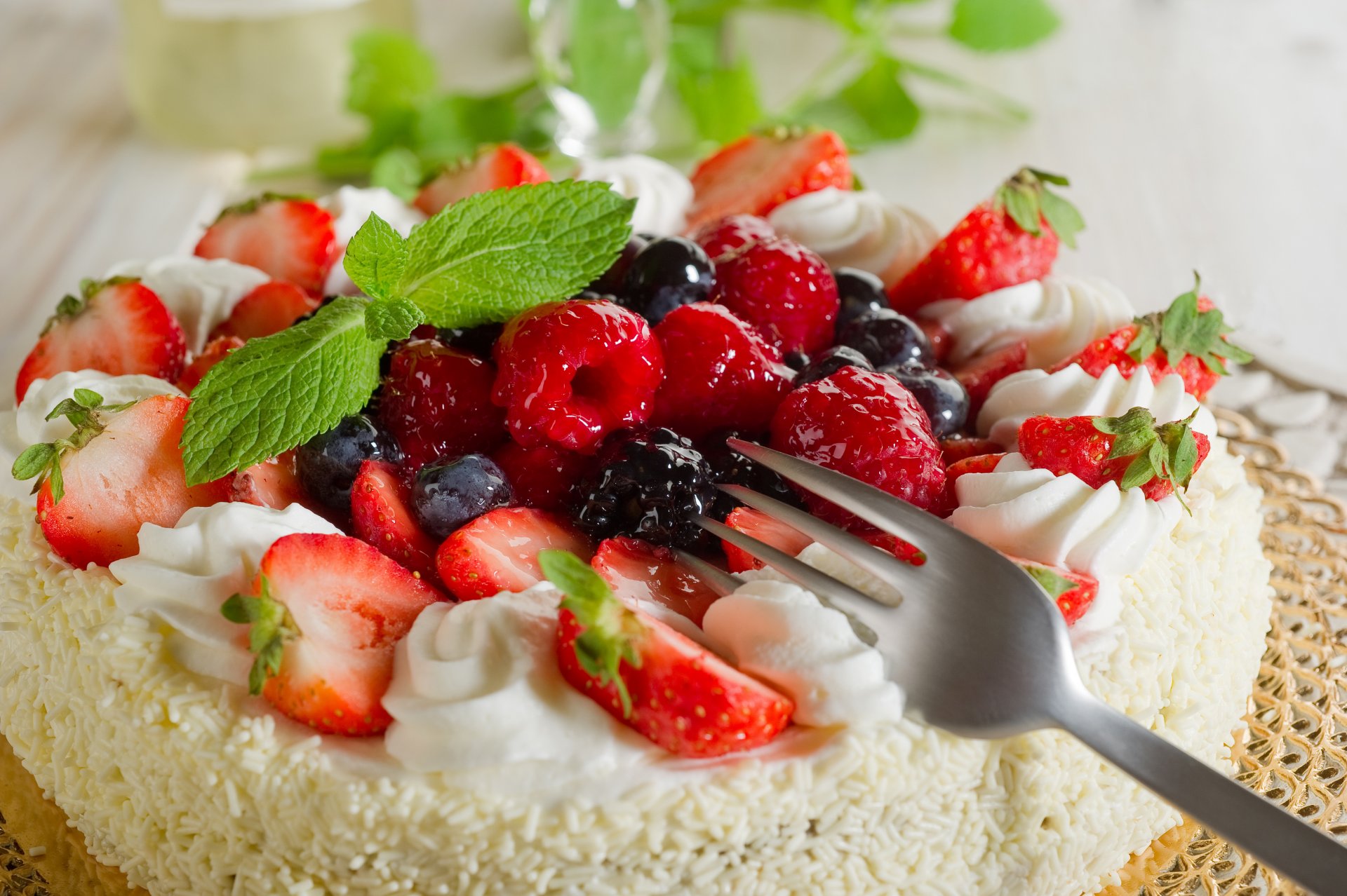 cake berries strawberry raspberry fork