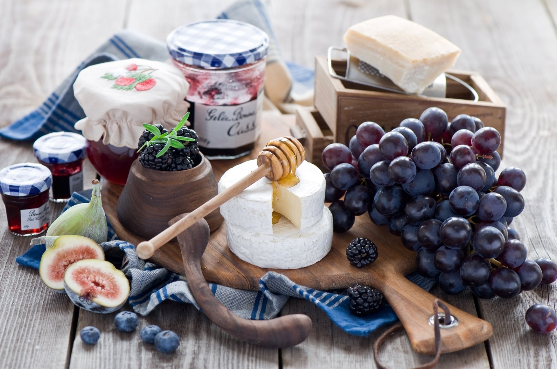 cheese grapes bunch of berries blueberries blackberry figs spoon jam jams jars board anna verdina