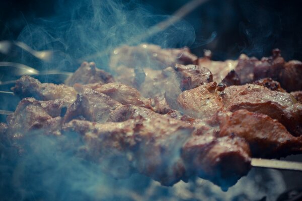 Rauchiger Schaschlik auf Spieße Nahaufnahme