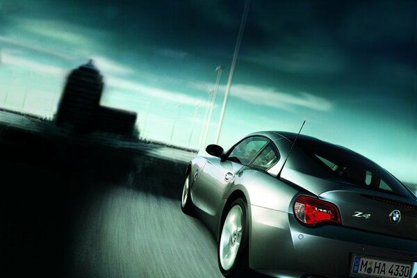 Grey bmw z4 is flying at speed