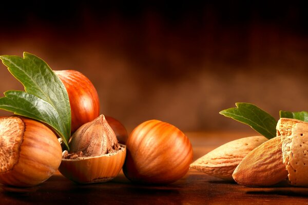 Avellanas y almendras con hojas en la mesa