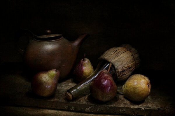 A board with a teapot, pears and a bottle