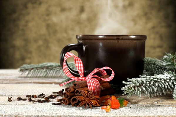 Hot drink with cinnamon sticks