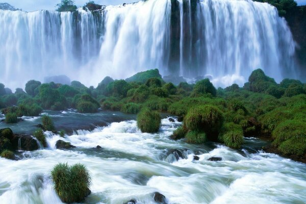 Una cascada escarpada que se adentra en el río, en medio de la vegetación