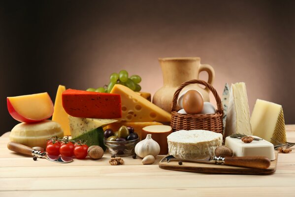 Cheeses on the kitchen table