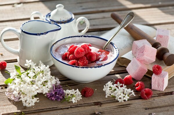 You can make natural yogurt from sour cream and raspberries at home.