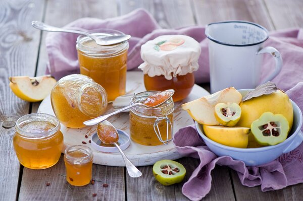 Honey and jam in a glass container