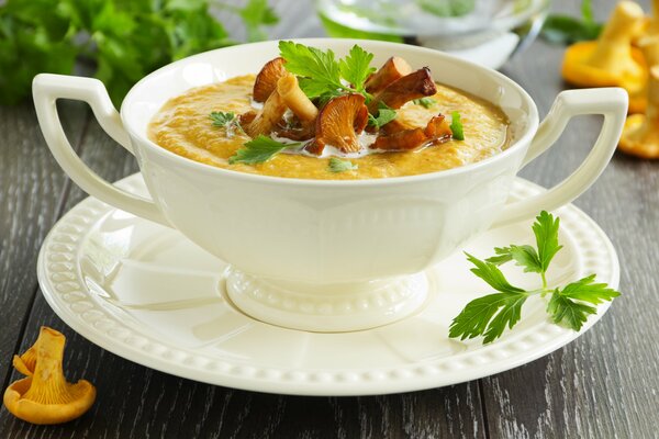 Suppe mit Pilzen in einer weißen Schüssel pürieren