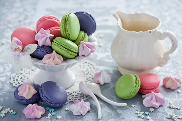 Macaroons on a plate on the table assorted