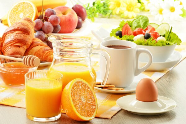 Breakfast coffee with croissants and orange juice