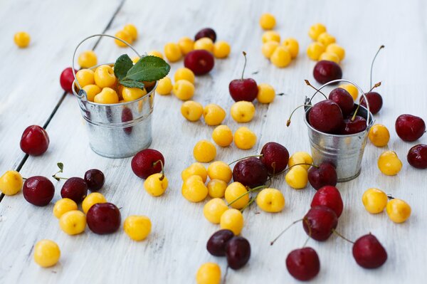 Yellow and red cherries in two small buckets and scattered side by side