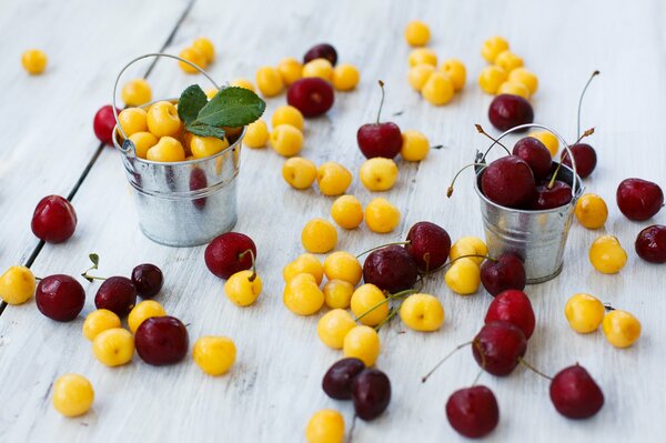 Cerezas amarillas y rojas en dos cubos pequeños y esparcidas al lado