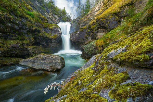 Rocks with waterfalls in the National Park of Norway