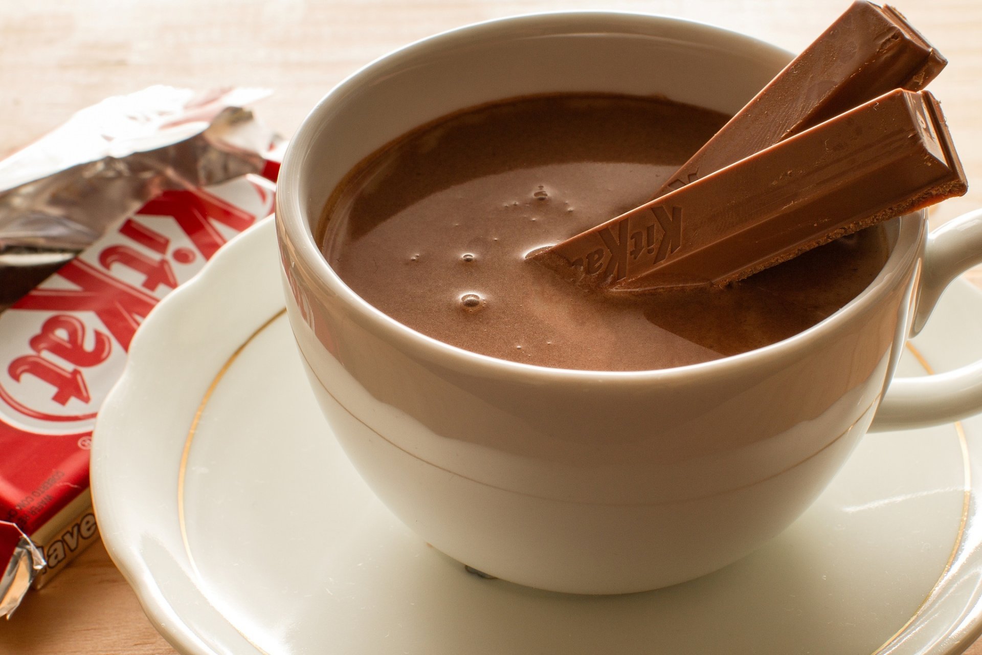 cup drink chocolate kitkat sticks dessert