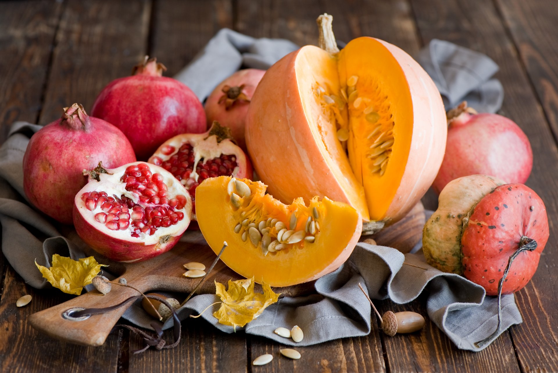 pumpkin vegetables leaves grenade fruits autumn still life anna verdina