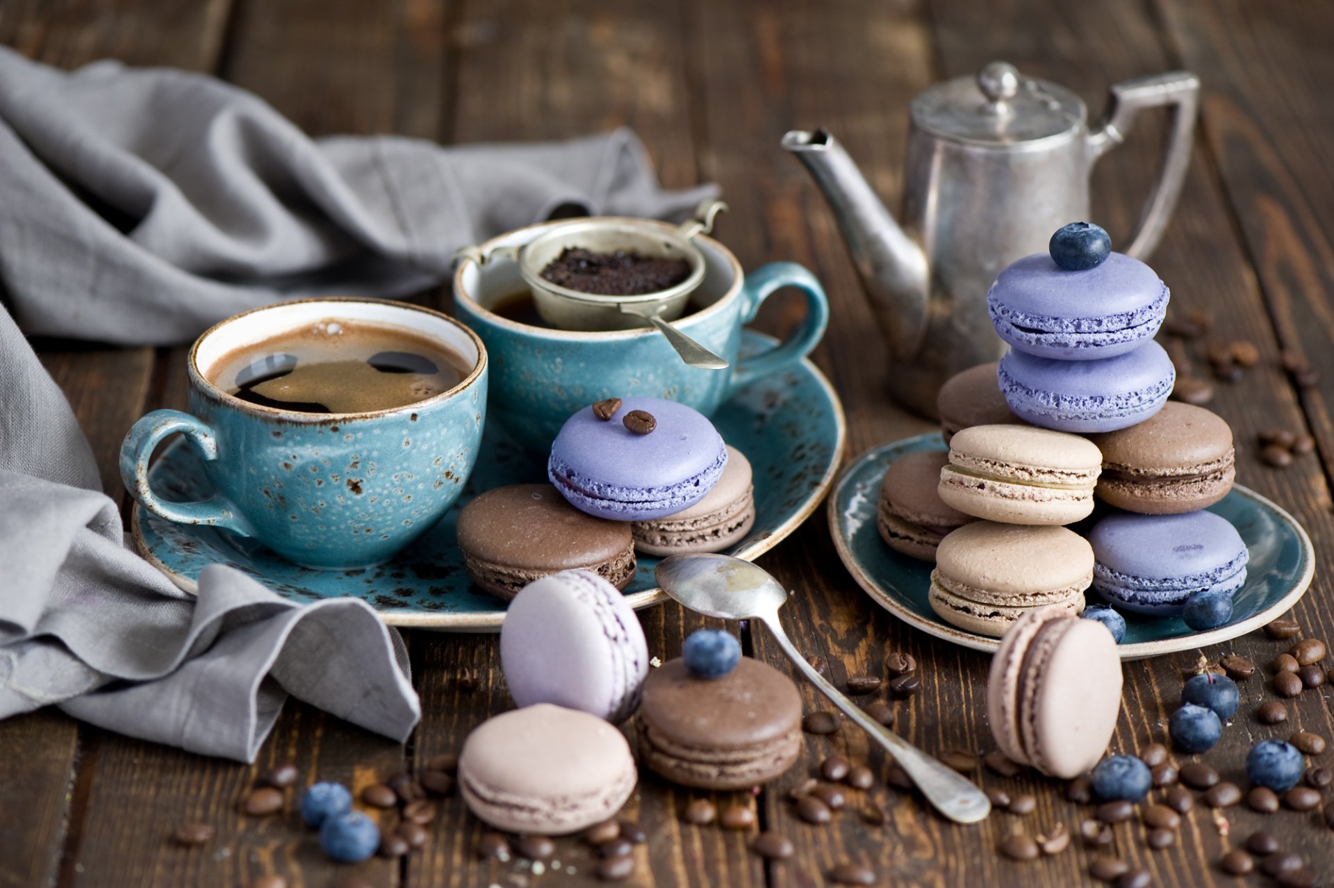 coffee cups service strainer grain macaron macaroon cookies glaze berries blueberries dessert sweets still life anna verdina