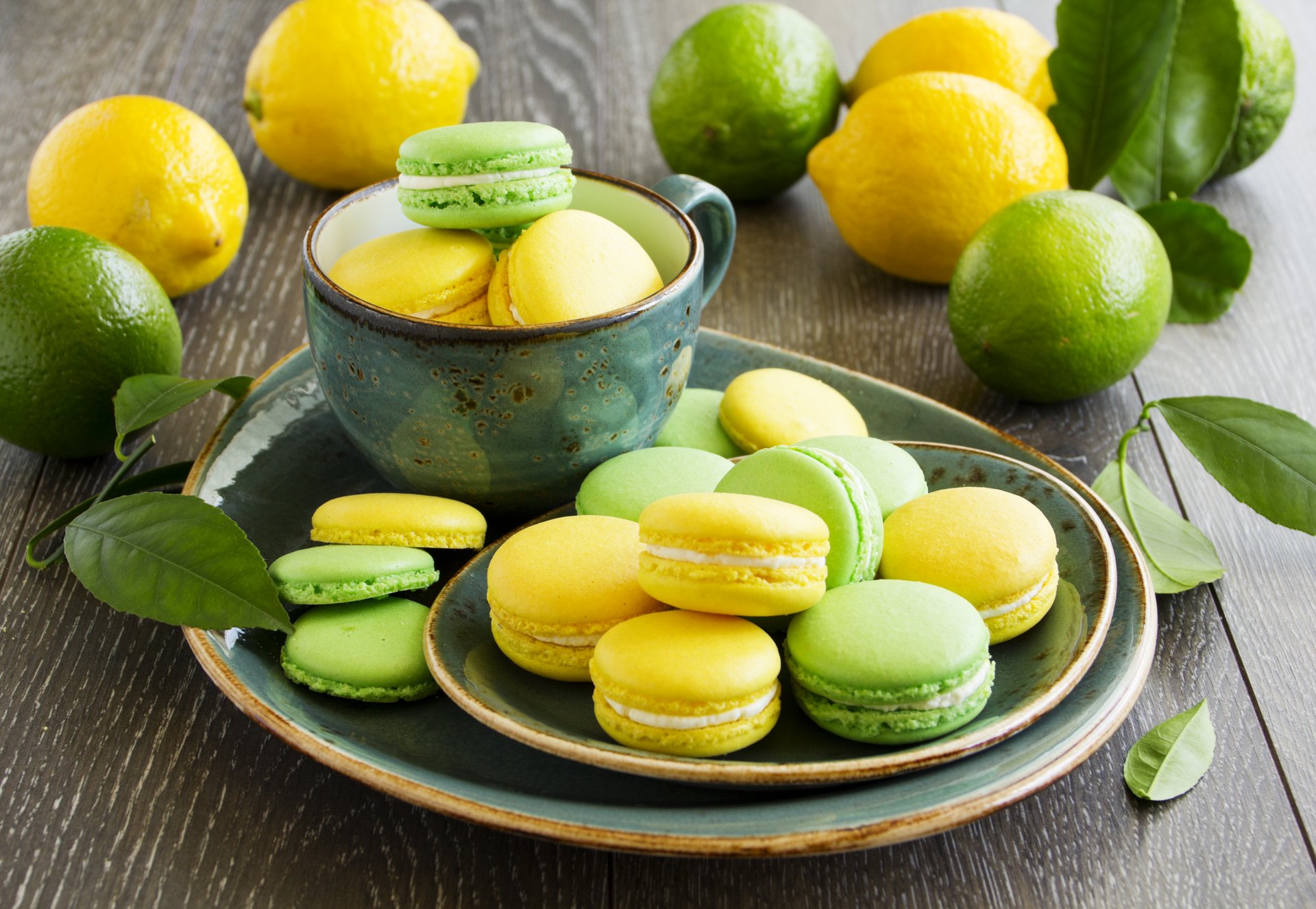 macaroon galletas verde amarillo lima limón cítricos fruta postre taza plato