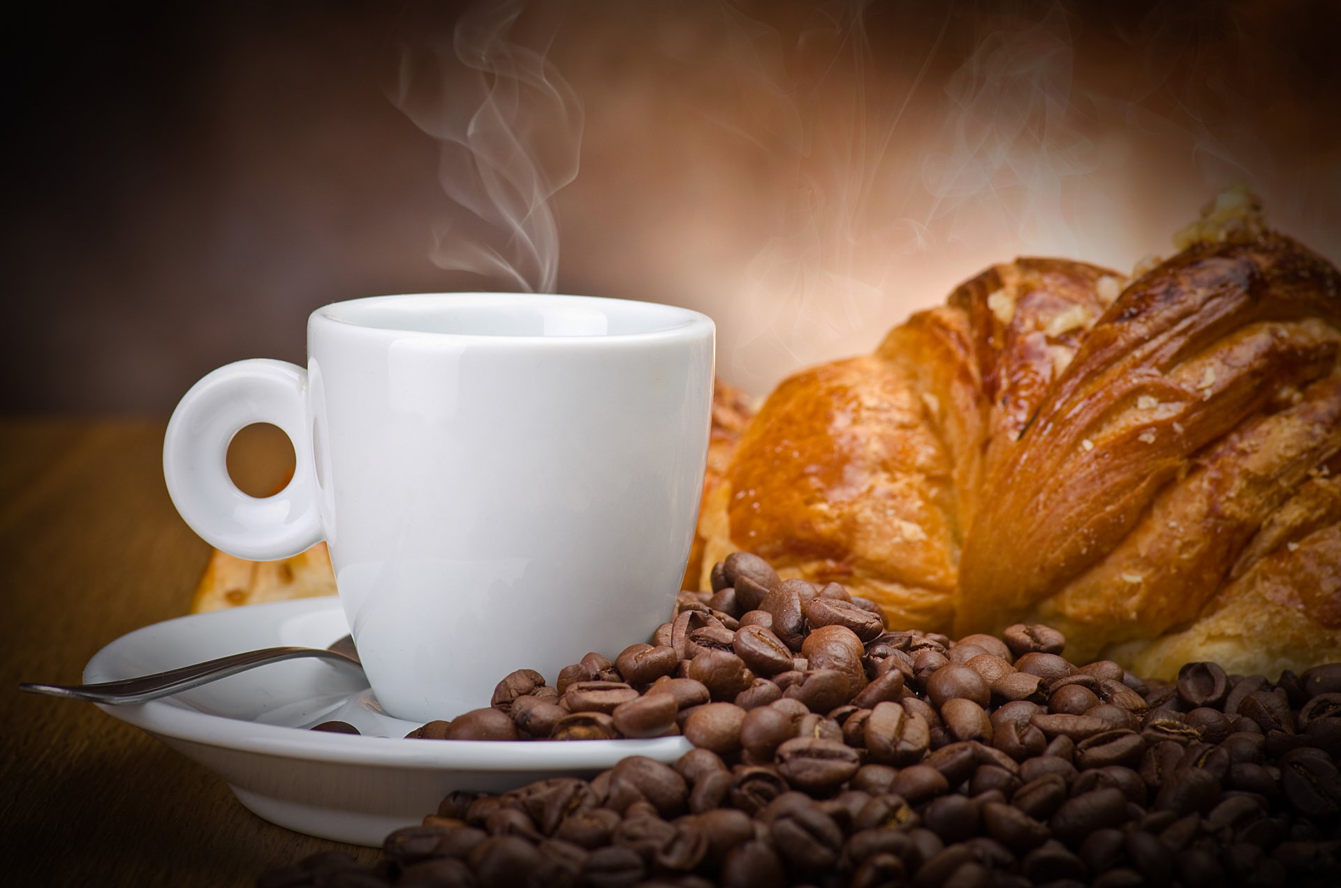 café granos bebida taza blanco croissant panecillo