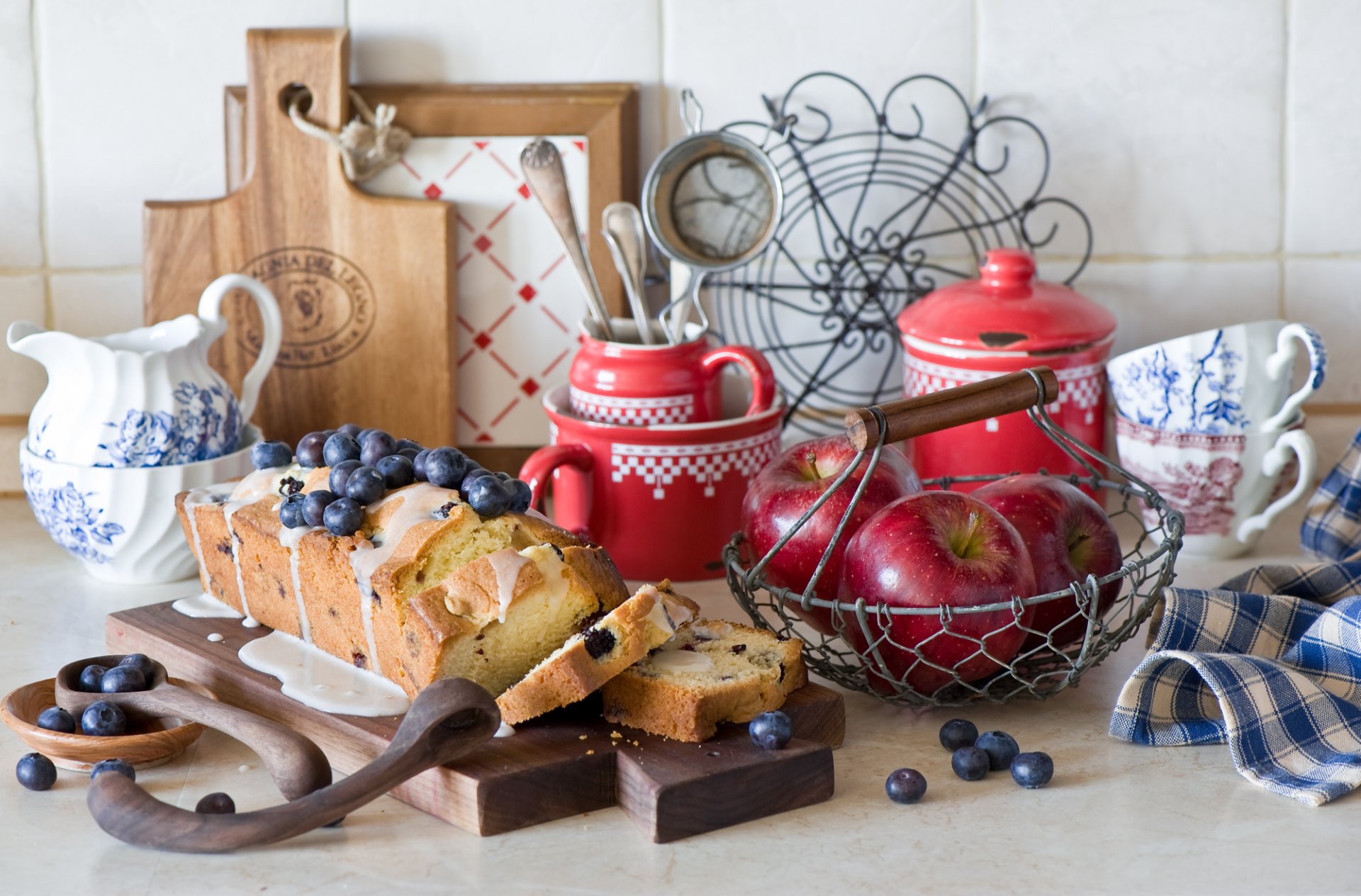 berries blueberries apples cake tableware still life