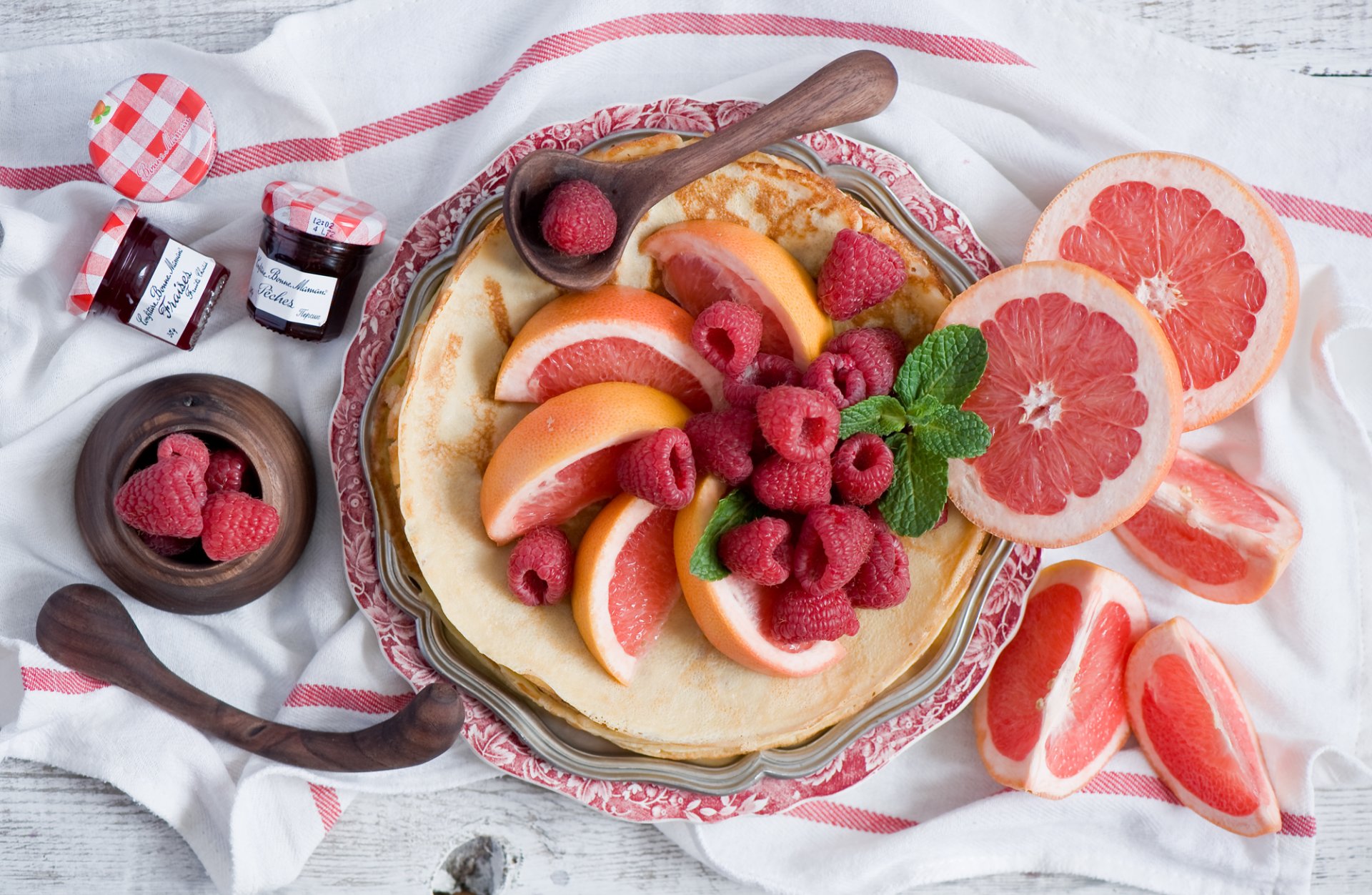 pancakes pancakes fruit citrus grapefruit berries raspberries jam jam mint jars food anna verdina