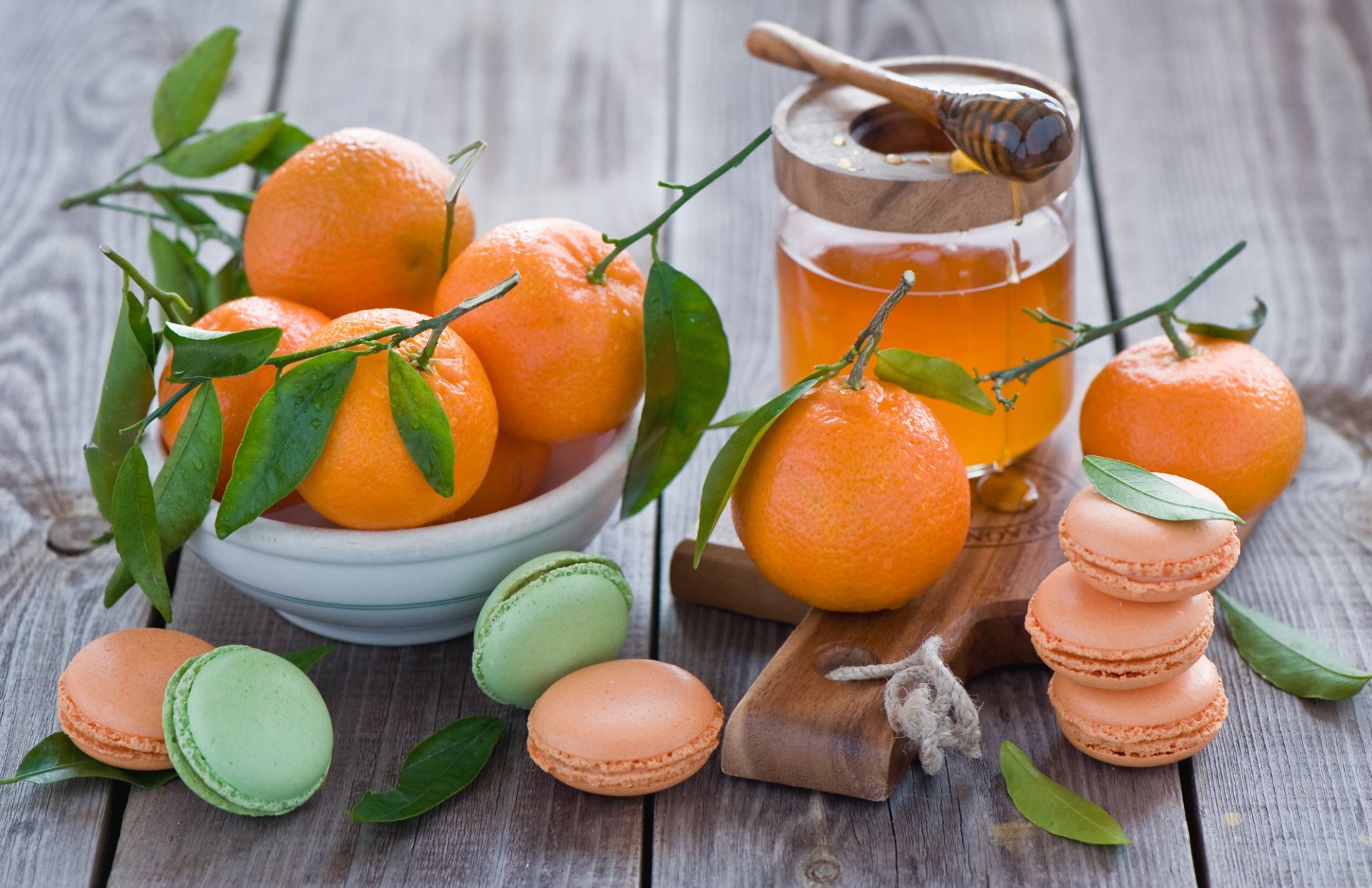 mandarins fruits citrus leaves tableware honey jar spoon cookies macaroon dessert sweets anna verdina