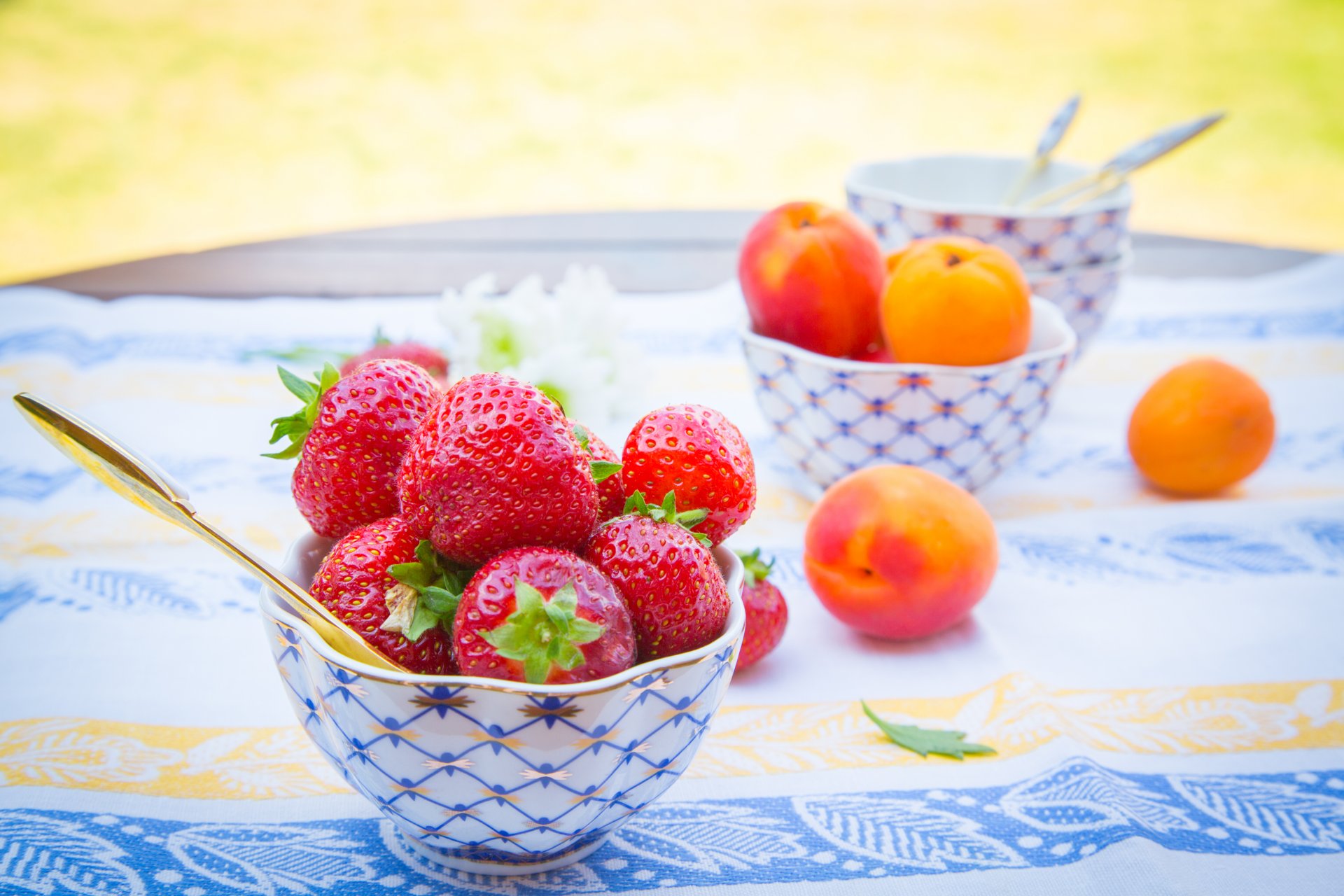 fresas bayas albaricoques fruta verano mesa mantel cremanki