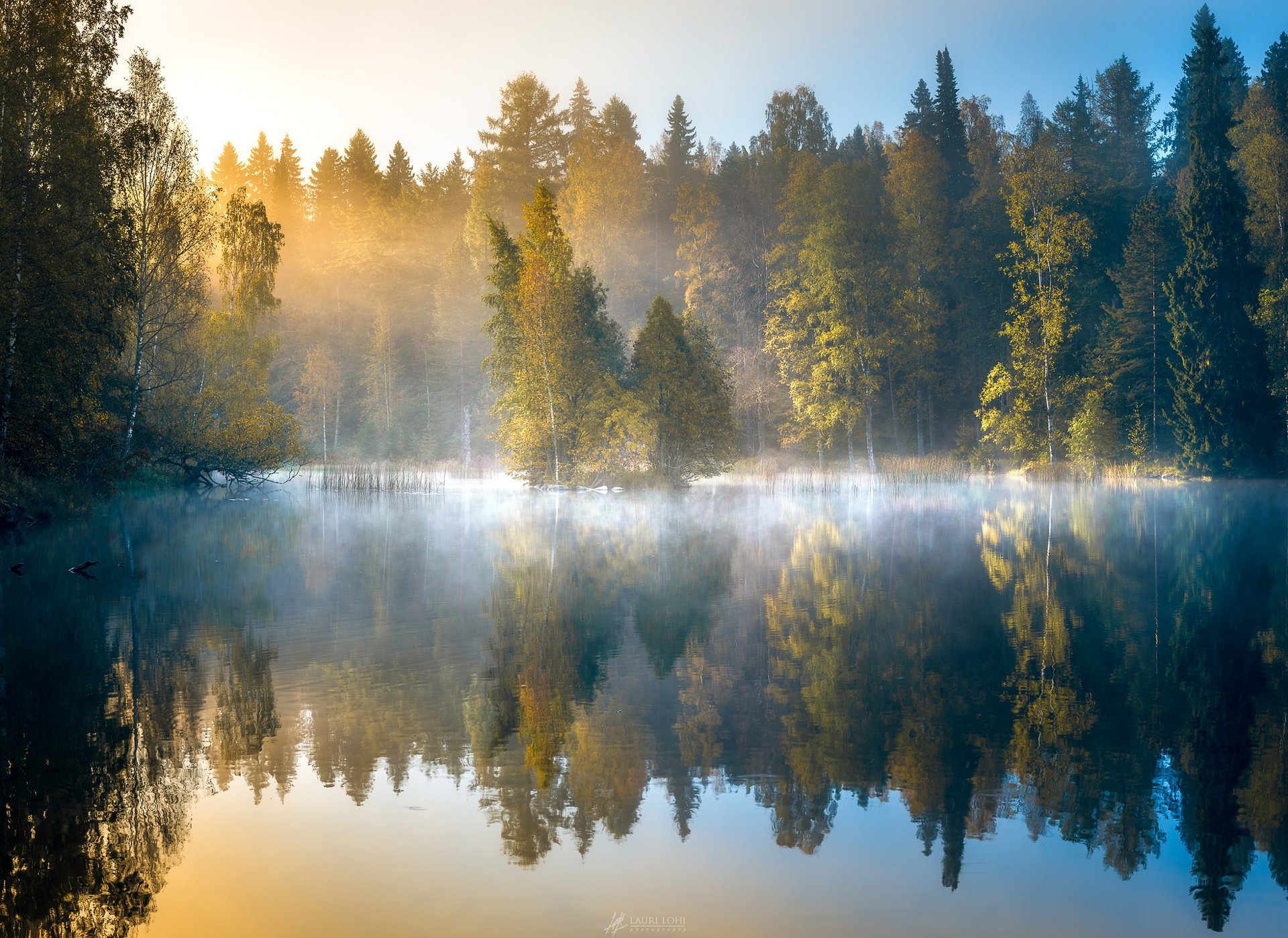 nature autumn finland forest pond lake morning sunrise fog