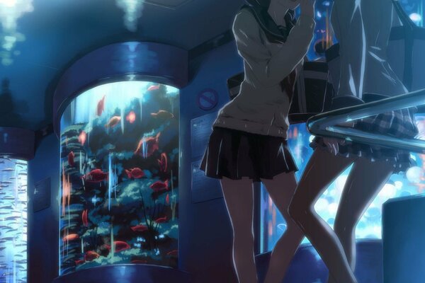 Girls in a bar with a beautiful aquarium