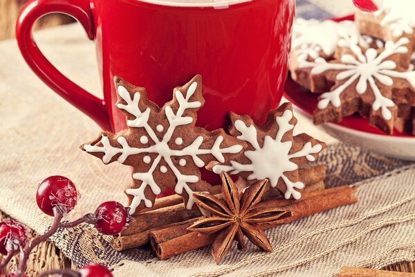 Christmas cookies on the background of a red mug