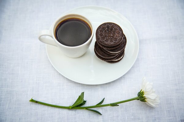 Una taza de café, galletas de flores blancas