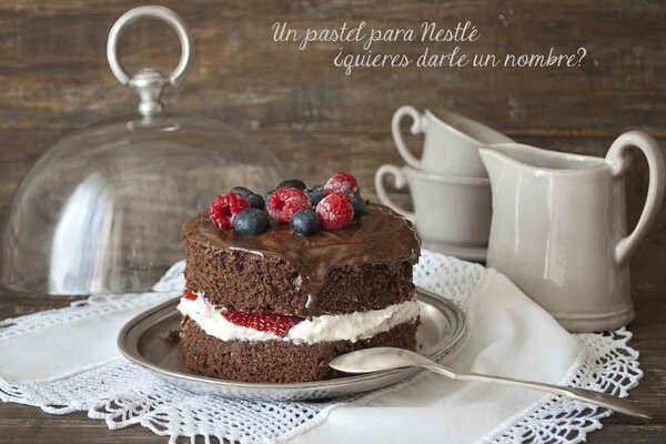 Dessert au chocolat à la crème blanche Garni de framboises et de bleuets